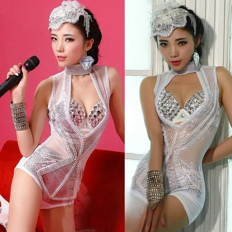 Sexy Diamond Mesh See-through Bodysuit Club Performance Costume Bar DJ Female Singer DS Show Leading Lady Dance Suit