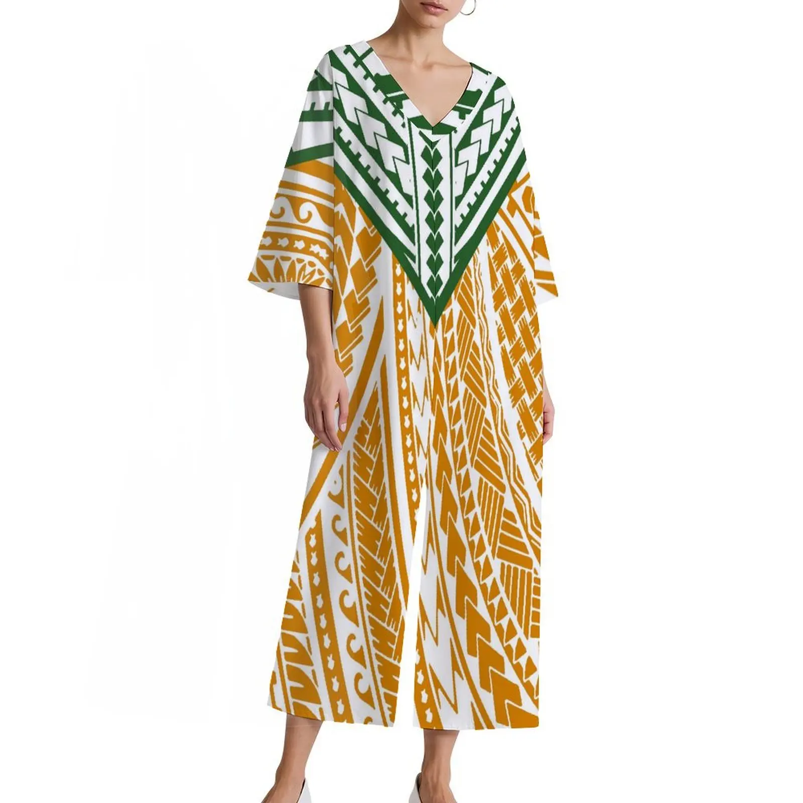 사모아 폴리네시아 부족 디자인 우아한 바지 공장 도매 맞춤 루즈핏 통기성 좋은 여성용 하이웨이스트 원피스 팬츠