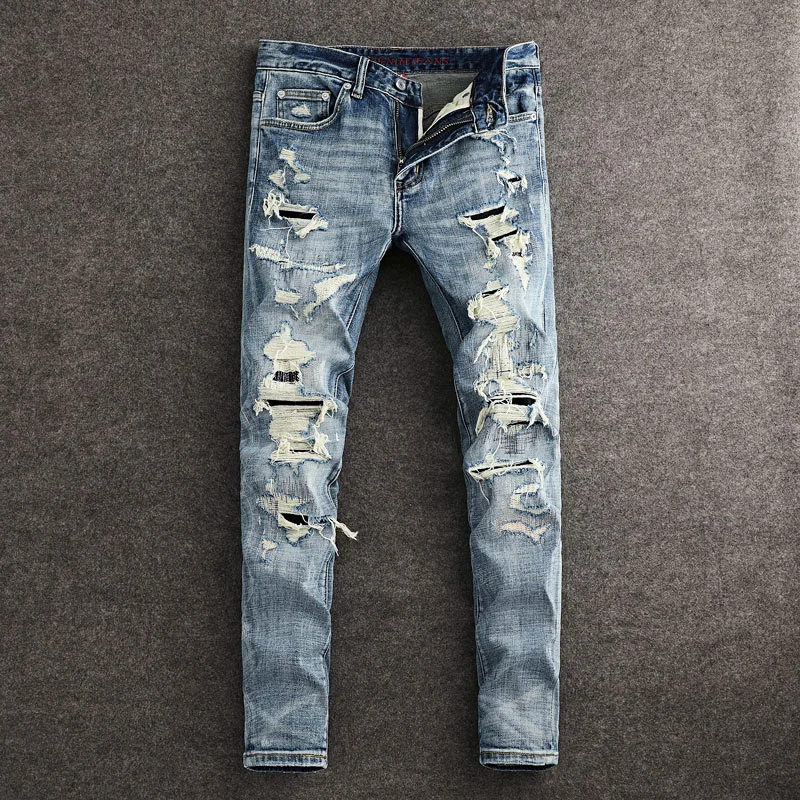 Street Designer Fashion Men Jeans High Quality Retro Blue Stretch Slim Fit Hole Patched Ripped Jeans Men Y2K Vintage Denim Pants