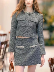 Chic Rhinestone Decoration Tweed Set Women Elegant O Neck Long Sleeve Jacket Coat or A-Line Mini Skirt Temperament Ladies Suit