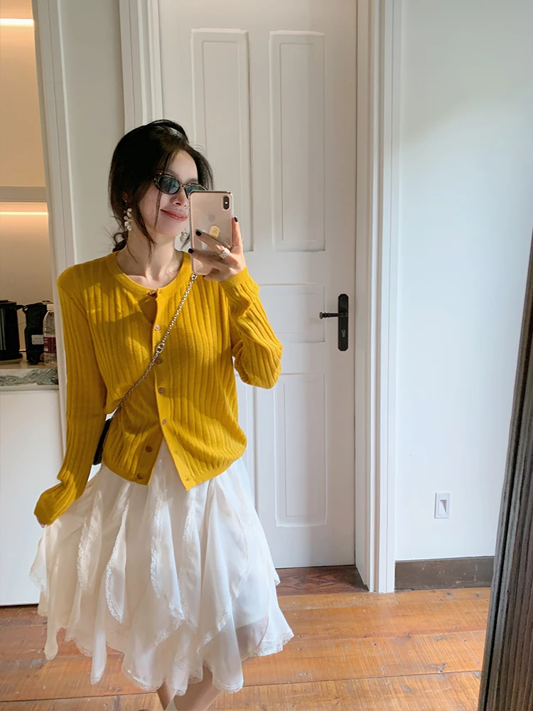 

JinSuOne Women's Khaki Knitted Sweater Long Sve Casual Slim Fit Base irt Korean Sle Autumn Faion Commute Wind