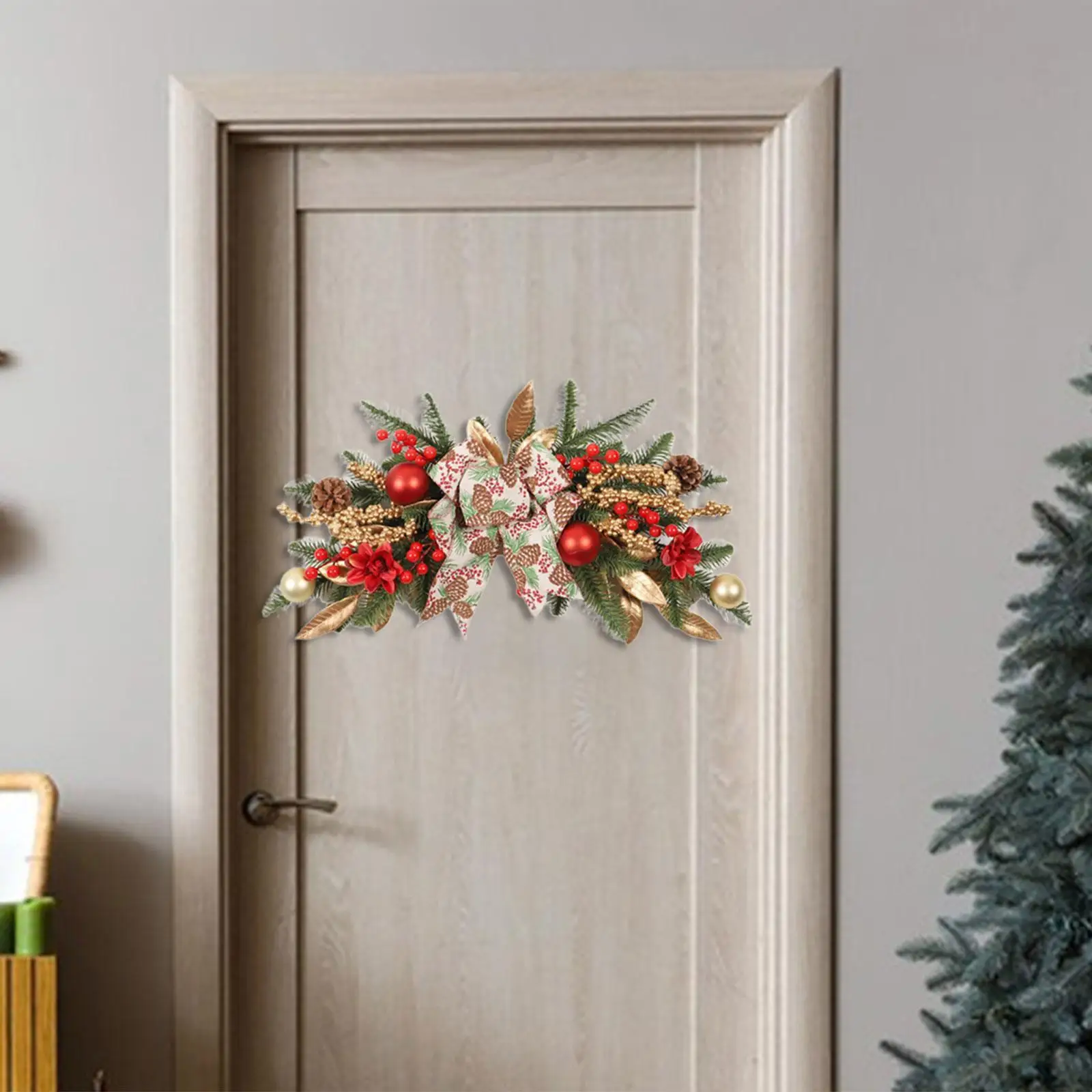 Christmas Swag for Front Door Ornaments Xmas with Bow Wall Artificial Wreath for Stairs Railing Outdoor Mailbox Holiday Festival