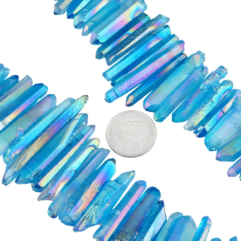 TUMBEELLUWA Crystal Points Titanium Coated Quartz Rough Sticks Spikes Point Beads 15 inch Strand Top Drilled