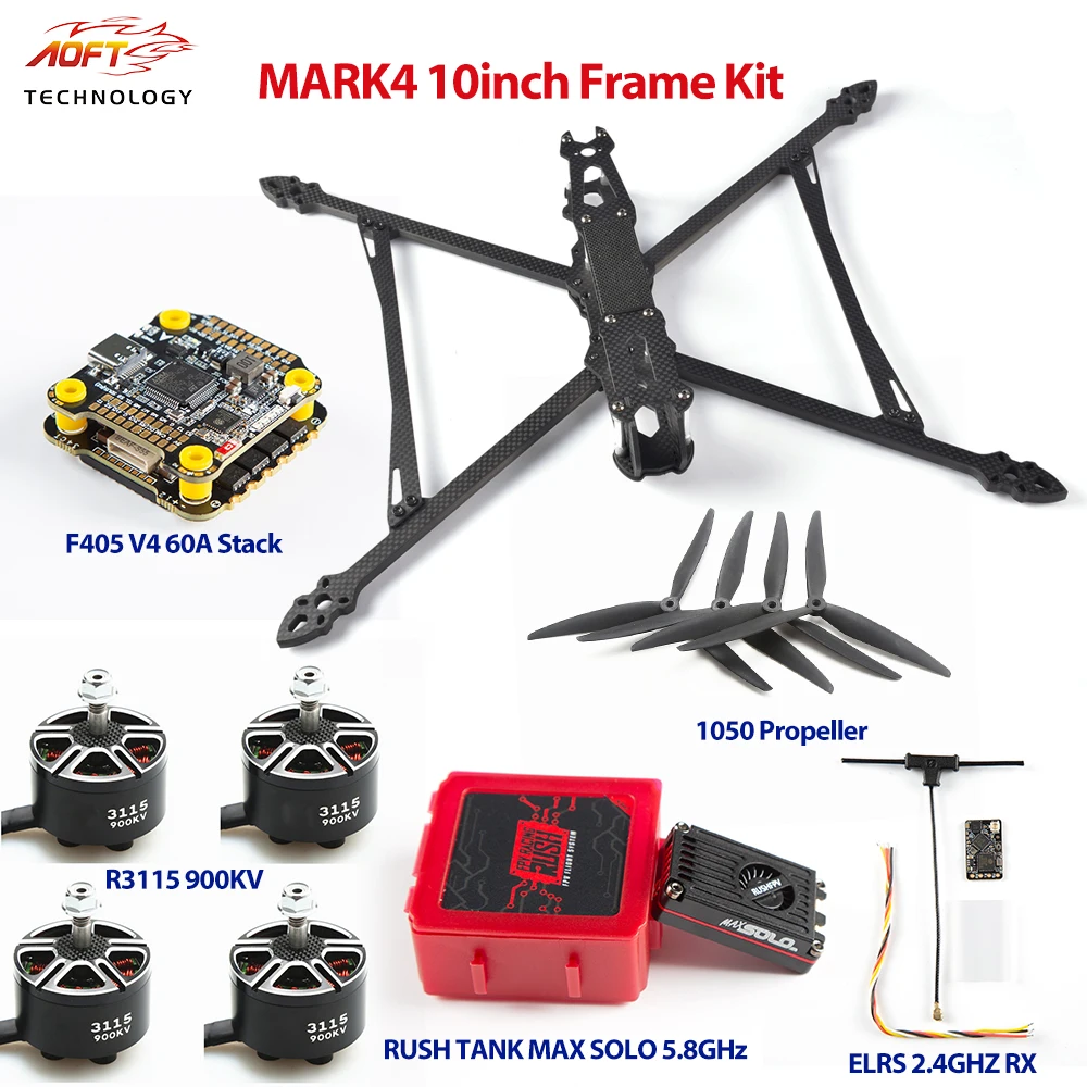 

Mark4 10inch FPV Carbon Fiber Frame Kit 1050 Propeller F405 V4 FC 60A ESC RUSHFPV MAX SOLO 2.5W VTX R3115 900KV DIY Drones Set