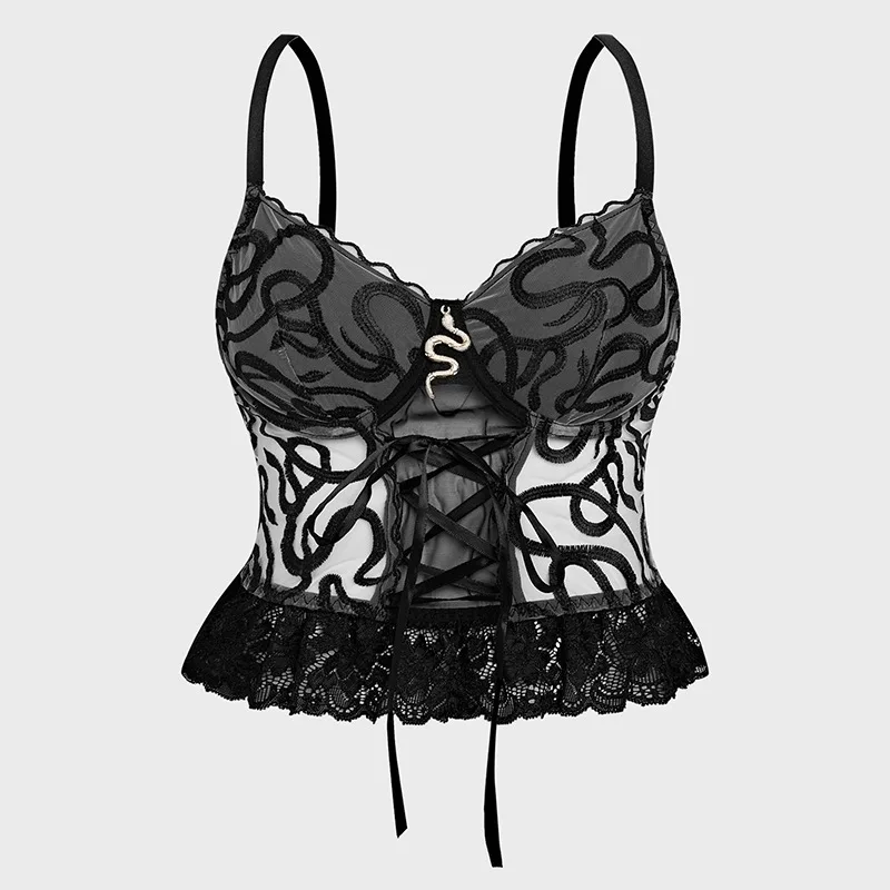 

Топы со змеиным узором, кружевной подол, прозрачные бретели, обтягивающая майка, сексуальное женское белье, жилет, повседневная майка с открытой спиной, женская одежда, уличная одежда