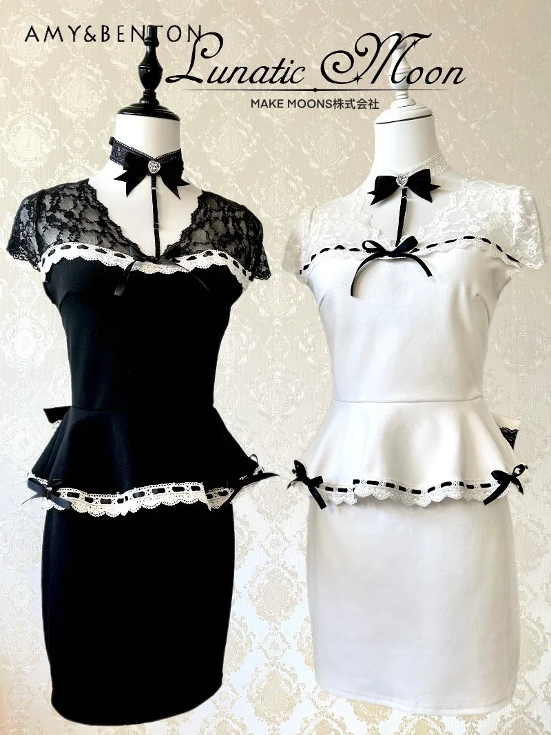 

Japanese Style Elegant Princess Dress Sweet Cute Beading Bow Lace Elastic Slim-fit Mini Dresses Sexy A-line Dress for Women