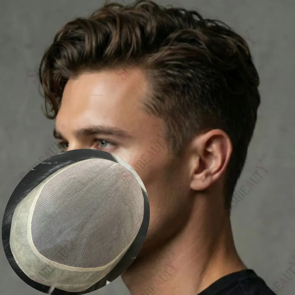 

Мужской прочный парик-накладка из натуральных человеческих волос, черно-коричневый, незаметный, на тонкой моно-полиуретановой основе, протез для волос для мужчин