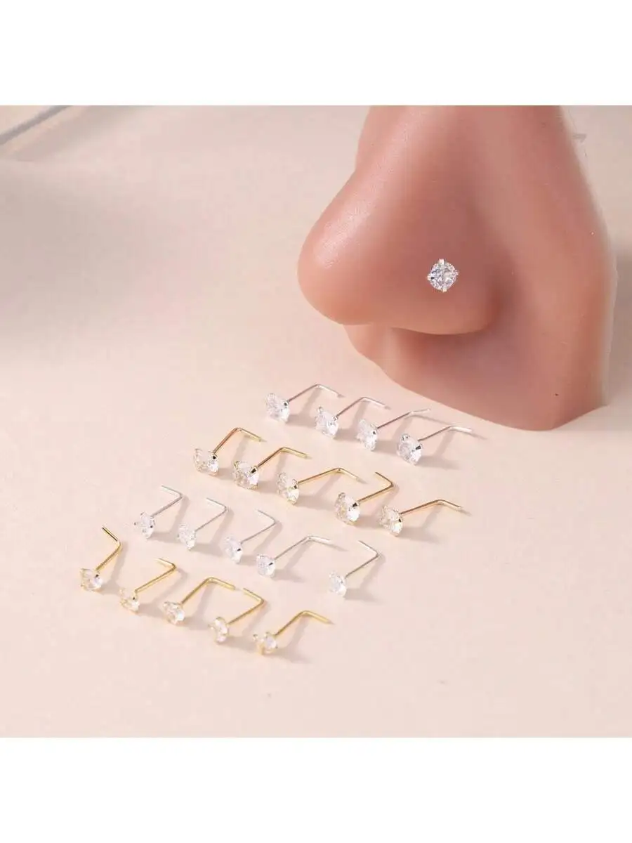

5-Piece Assorted 3mm And 4mm Clear Zirconia L-Shape Nose Studs For Unisex Piercing Jewelry
