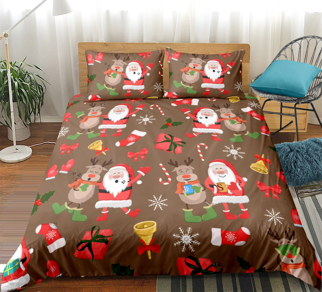 Coffee Christmas Bedding Set Reindeer Snowman Gift Digital Printing Bedding Set 3 Pcs Ultra Soft Microfibre Easy Care