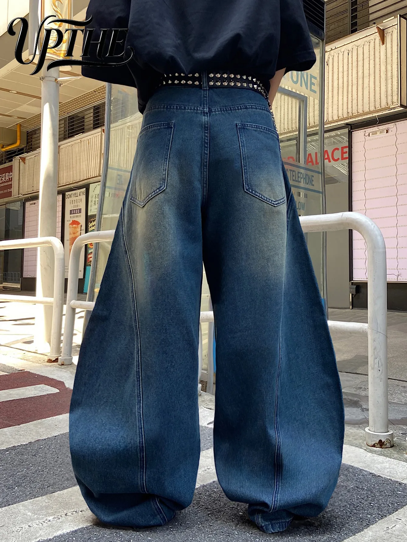 UP.THE Men Vintage Retro Blue Baggy Wide Leg Jeans, Y2K Hip Hop Spliced Oversized Denim Pants, Streetwear Trousers for Skateboard Lovers Daily Outfits