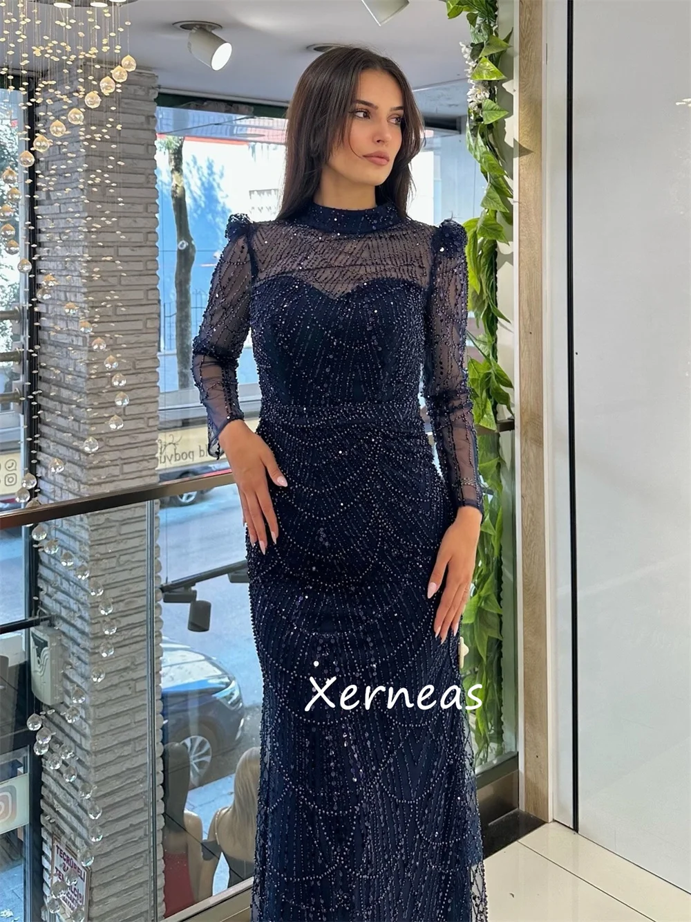 Customized Classic Pattern Sequined Pleat Mermaid High Collar Long Dresses Bespoke Occasion Sparkle Formal