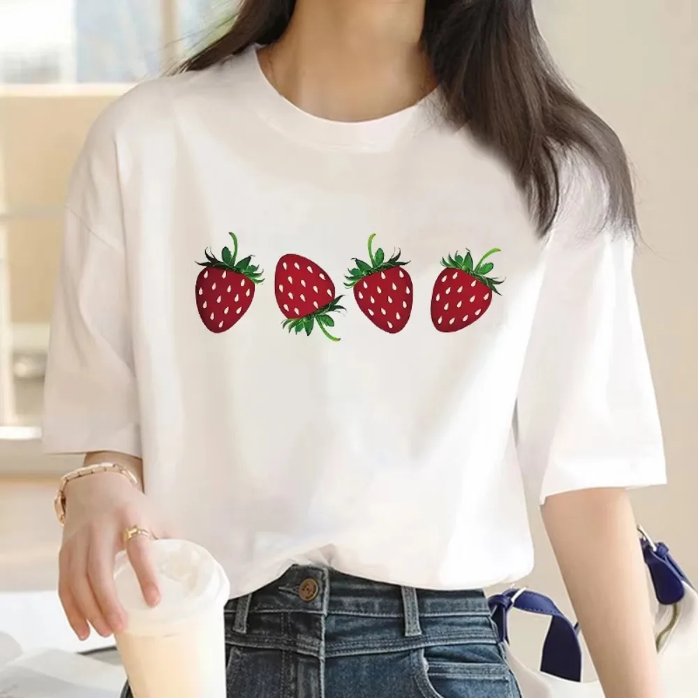 Kawaii Design Strawberry Print Short Sleeve Printed T Shirt Clothing Women's T-Shirt Clothing Women's Top Tee