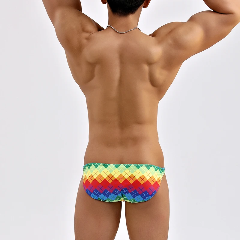 sexy color grid geometry men swimsuits swim trunk narrow side super low waist tight men swimwear bikinis swim briefs samll size