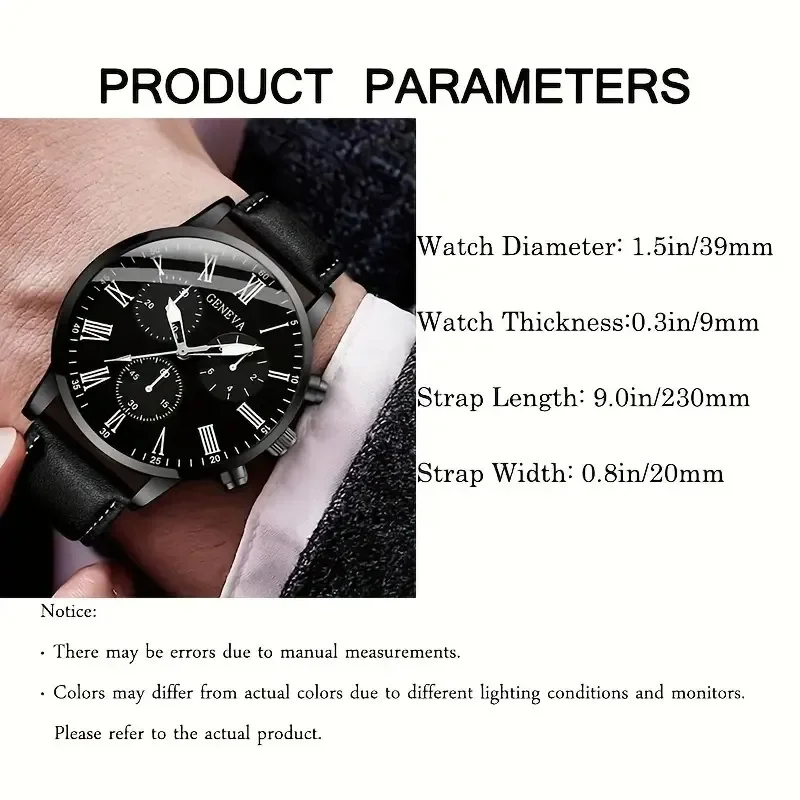 Black 2pcs/set Charm Men Watches Fashion Quartz Watch with Rome Numerals & King Bracelet Analog PU Leather Business Wristwatch