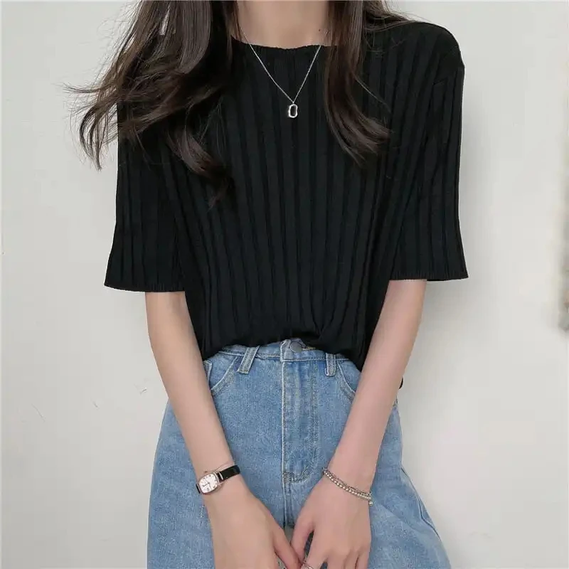 Vintage Ribbed Short Sleeve T Shirt Loose White Korean Fashion Woman Blouse 2023 Summer Female Clothing Casual Solid