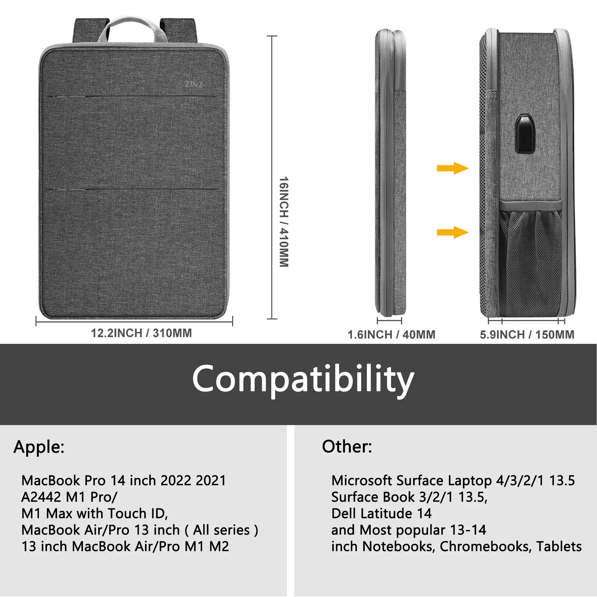 Sac à dos mince extensible pour ordinateur portable 15 15,6 16 pouces, sac pour ordinateur portable résistant aux déversements pour la plupart des Macbooks de 14 à 16 pouces ou d'autres ordinateurs