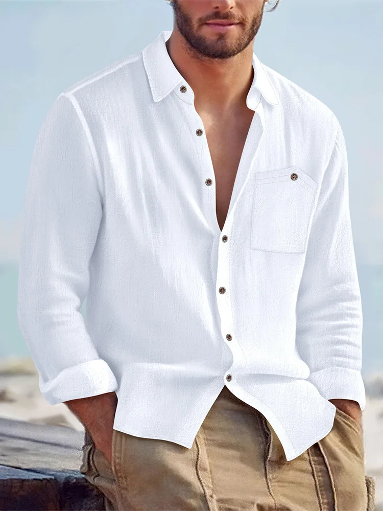 Summer Men Lapel Long Sleeve Linen Shirt Loose Fit Chest Pocket Casual Button Shirts Beach Vacation Wear Tops