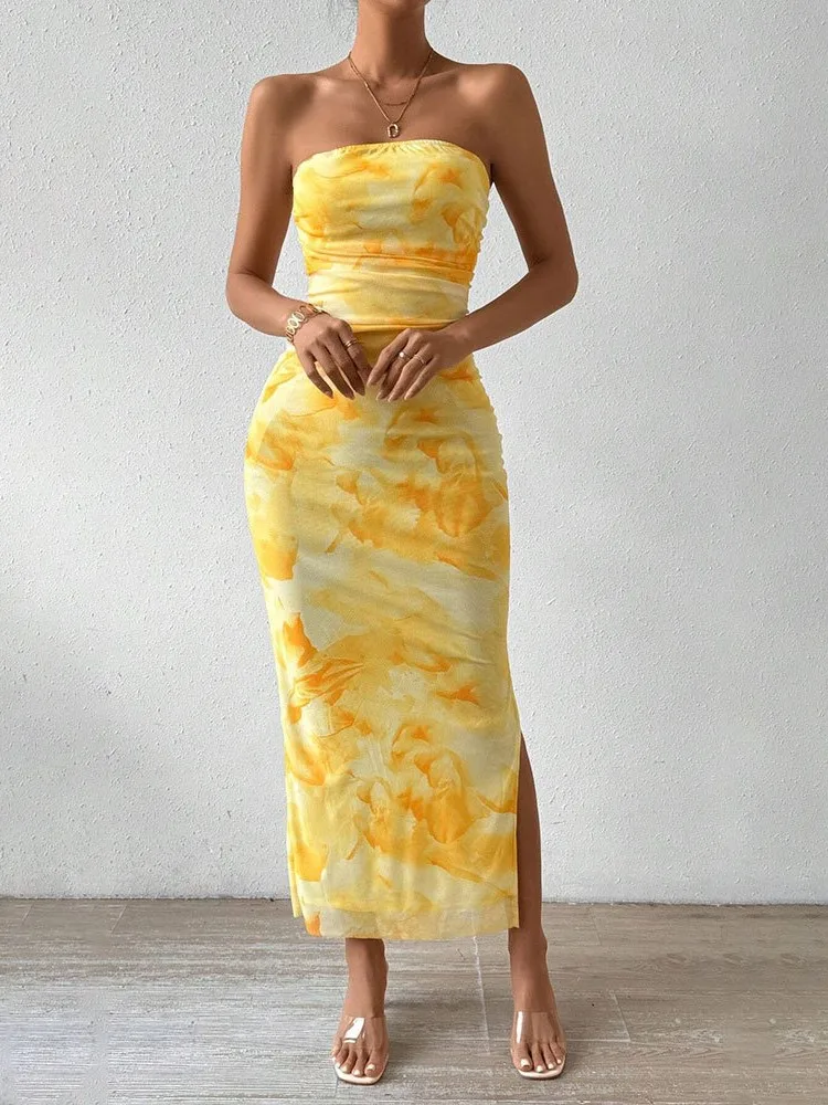 

2026 Mesh Dress Vestidos Dresses Woman Temperament Fresh And Sweet Sexy Slim Package Hip Printed Piglet Breast Slit Off Shoulder