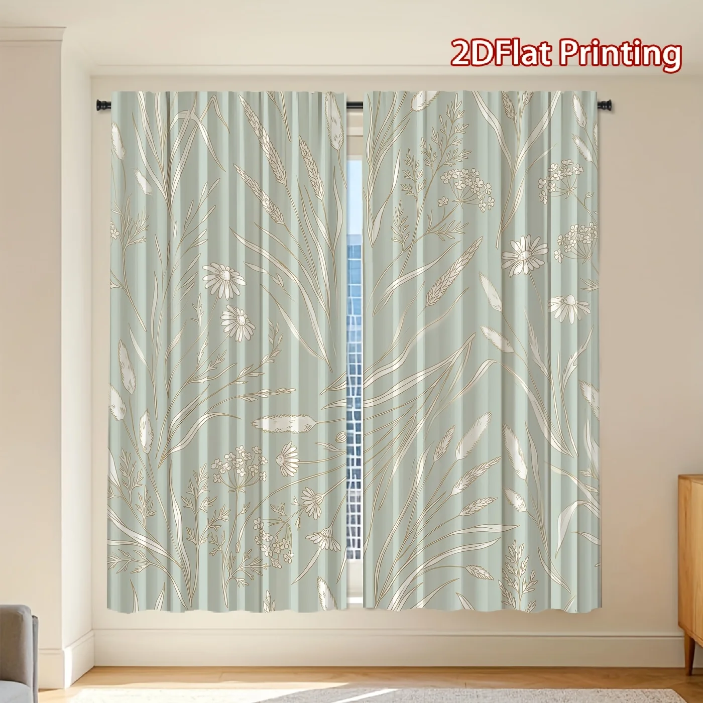 2PCS Digital Print Curtains, Green Gold Line Meadow, Elegant Modern