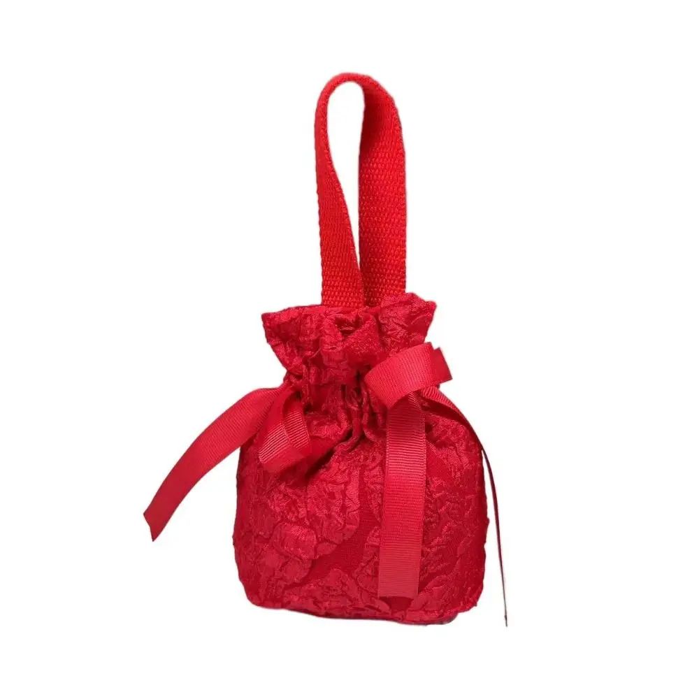 Mesh Flower Canvas Floral Drawstring Bag Satin Bow Korean Style Small Flower Wrist Bag Large Capacity Coin Purse Wallet