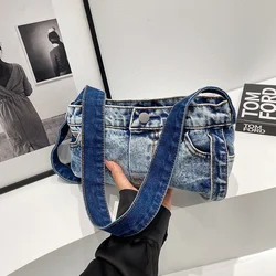 Cowboy Underarm Bag Women's Retro Denim 2024 Summer New Style Trendy Sea Blue Patchwork Fashion Handheld Shoulder Bag