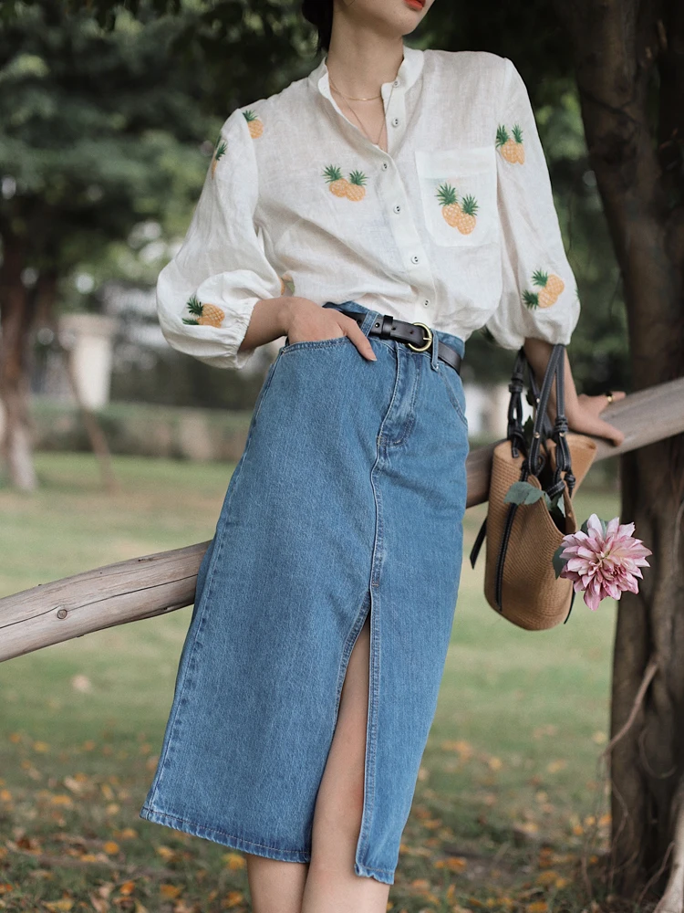 

Bela Studio High Waist Slit Retro Slimming Versatile Denim Skirt Blogger Favorite A-Line Cotton Blend Commute Sle