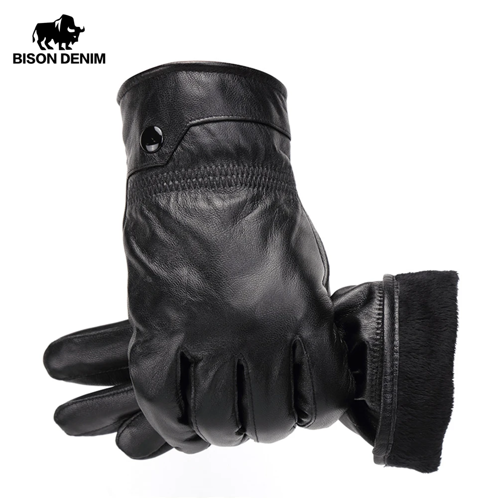 100% Genuine Leather Sheepskin Men's Gloves Winter Warm Cashmere Lined Touch Screen Full Finger Mittens Riding Driving Gloves