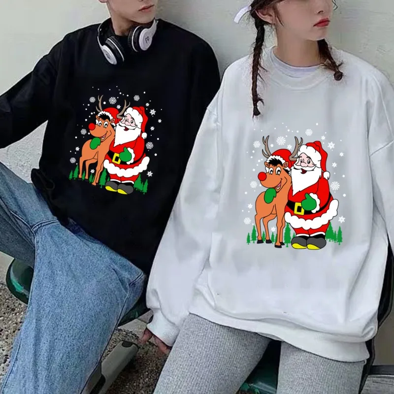 Nieuwe fleece-pullover-hoodies met ronde hals en kerstman- en rendierenprint voor zowel mannen als vrouwen zijn verkrijgbaar voor Kerstmis