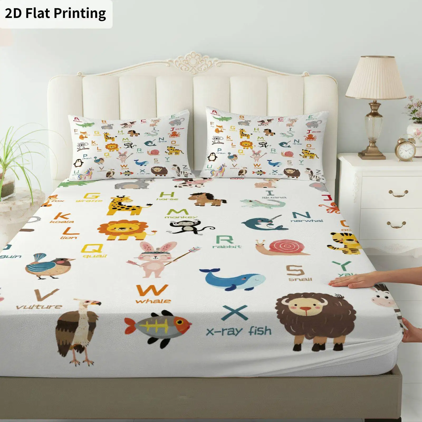 Digital Print Bed Sheet Set, Bedding (includes 1 bed sheet + 2 pillowcases), Letter and Animal Print Three-Piece Bed Sheet Set, Back-to-School Theme, Letter and Animal Print Bedding, Elastic-Fitted Sheet, Protective Cover, Mattress Protector, Suitable for All Seasons, Machine Washable Design, Holiday Decoration, Various Sizes, Breathable Protective Cover with Pillowcases