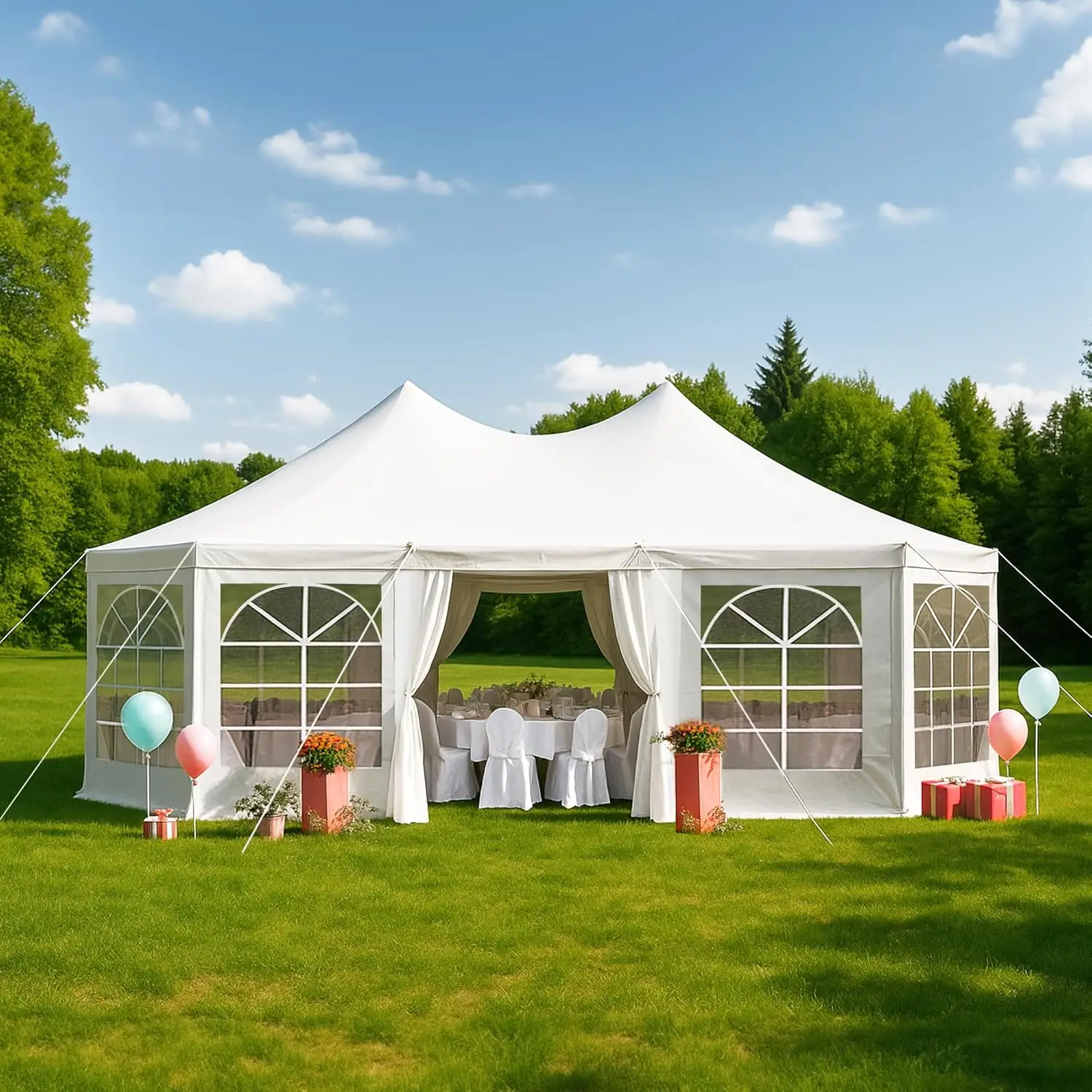 #26x19ft Octagonal Wedding Tent, Large White Heavy Duty Canopy with 8 Removable Sidewalls, Church Windows & 2 Zipper, Customized