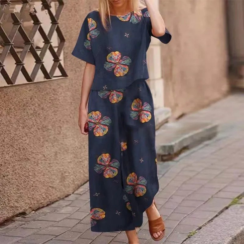 Cotton Linen Vintage Printed Pant Sets Fashion Loose O-neck Short Sleeves T Shirt High Waist Wide Leg Pants Women's 2 Piece Sets