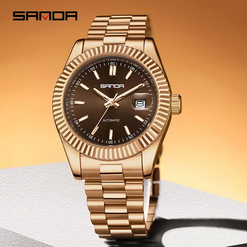 SANDA 5601 클래식 남성용 자동 기계식 시계 비즈니스 솔리드 스틸 벨트 시계 방수 야간 조명 달력 캐주얼 시계