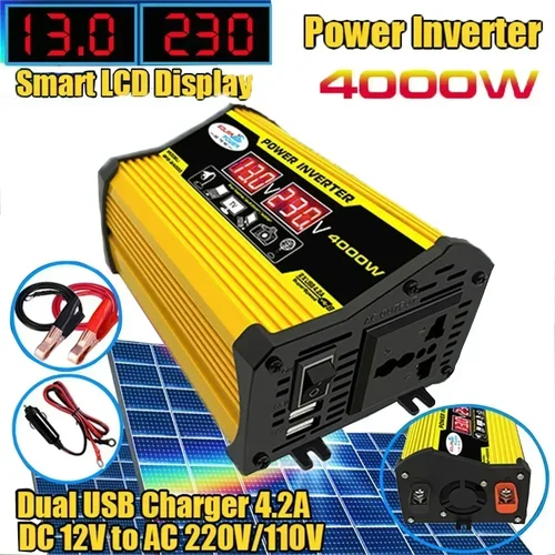 Nuevo convertidor de pantalla de voltaje, convertidor inversor de potencia de coche de pico de 4000W, transformador de CC de 12V a CA 110/220V, convertidor USB Dual