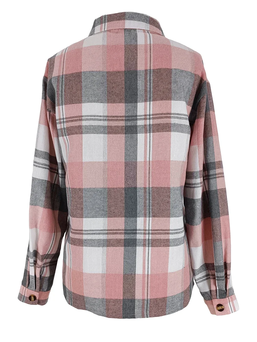 Y2K Damen-Karohemd, langärmelig, Bluse mit Knöpfen, lässige, lockere Oberteile, Oversize, rosa Karomuster, Streetwear, Herbst – Detail 5