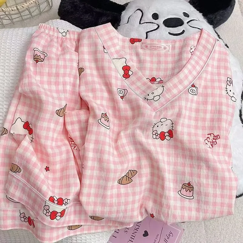 

Kawaii Cartoon Hello kitty Spring Autumn Pajamas set Summer Milk Silk Warm Home Clothes sleepwear Men's Women's nightgown gifts