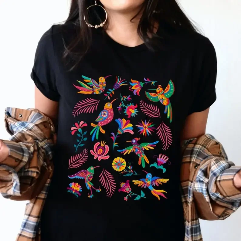 

Colorful Mexican Birds TShirt Otomi Style Bird Shirt Vintage Floral Tee Visit Mexico Latina Gift Cabrona Pero Cute Cotton Shirts