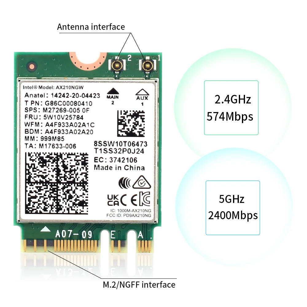 WiFi 6E Intel AX210 Bluetooth 5,3 M.2 Беспроводная карта AX210NGW 2,4 ГГц 5 ГГц 6 ГГц 5374 Мбит/с 802.11ax Wifi 6 адаптер для ноутбука и ПК