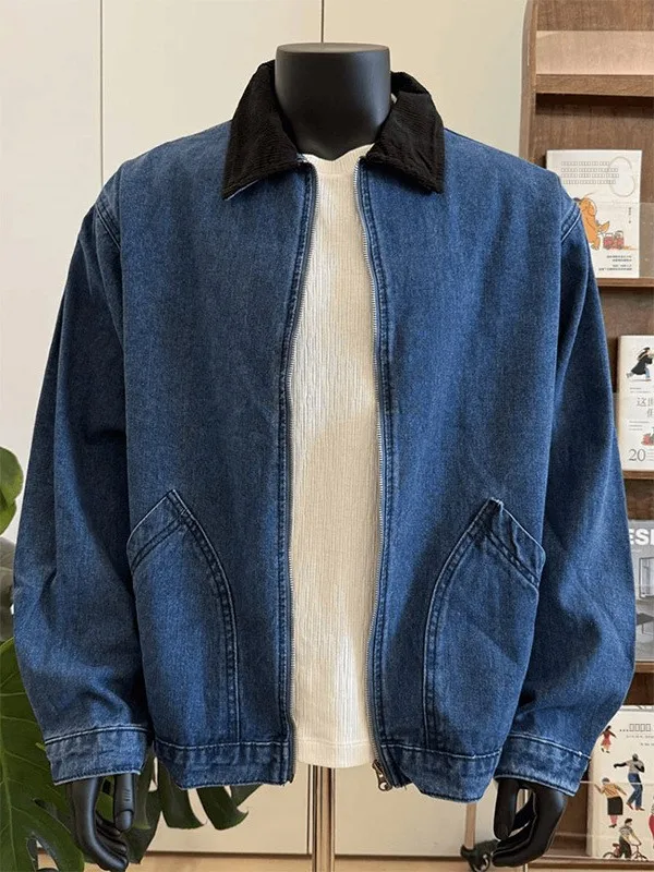 

Waed Denim Jaet Men's ort Sle Faion Workwear Jaet American Vintage Design High-End Feeling Color Colion Collar