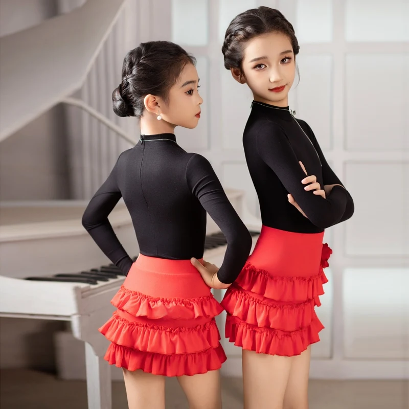 Nuovo vestito da competizione di ballo latino maniche lunghe gonna latina con torta superiore ragazze abiti da ballo per spettacoli di danza da sala abiti da palcoscenico