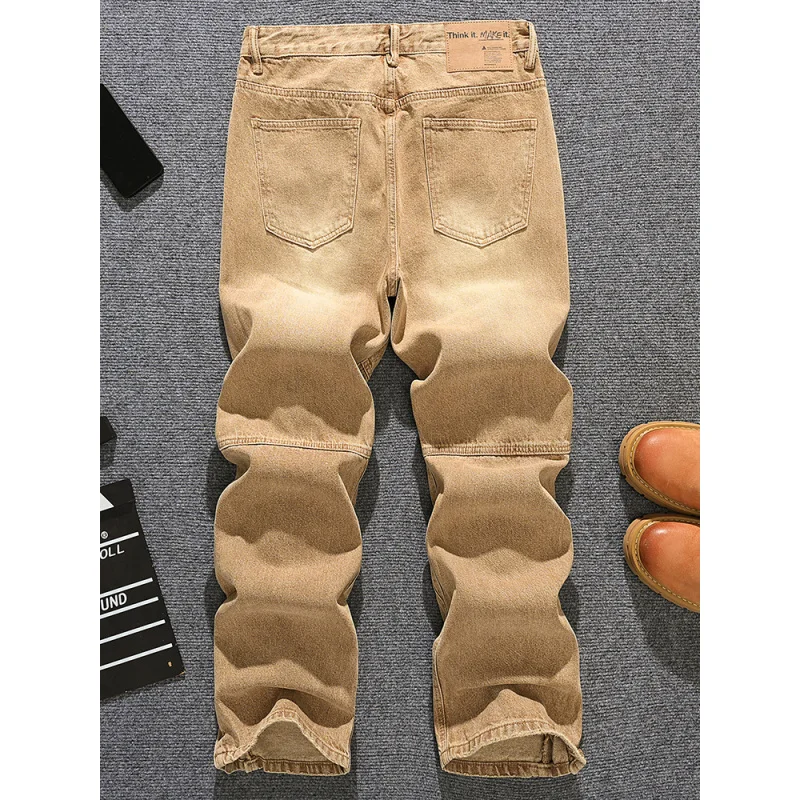 Retro kaki jeans heren losse rechte pijpen trendy straat high-end herenkleding modieuze broek met wijde pijpen