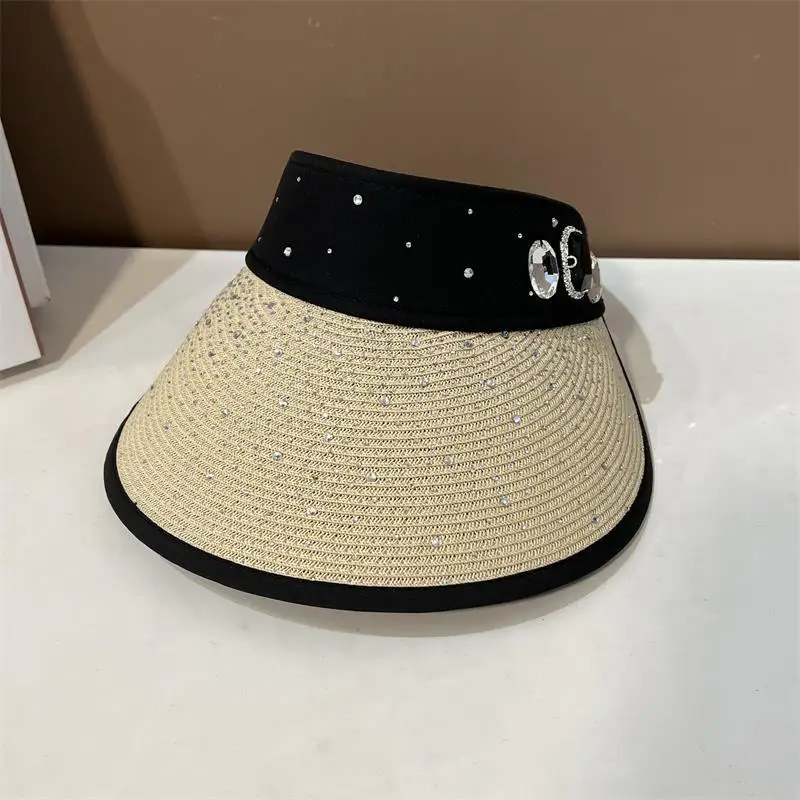 Full Rhinestone Women\'s Summer Hat Luxury Women Empty Top Sunshade Sun Hats Leisure Large Brim Travel Beach Sunscreen Panama Cap