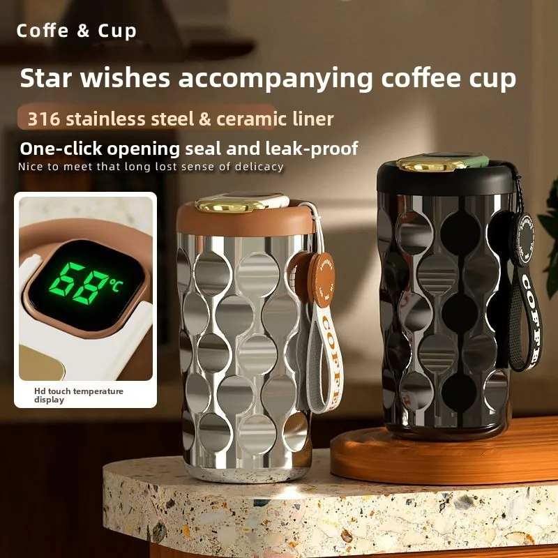 

410ml Ceramic Coffee Cup Intelligent Digital Display Thermoses Insulated 316 Stainless Steel Portable High-end Water Bottle
