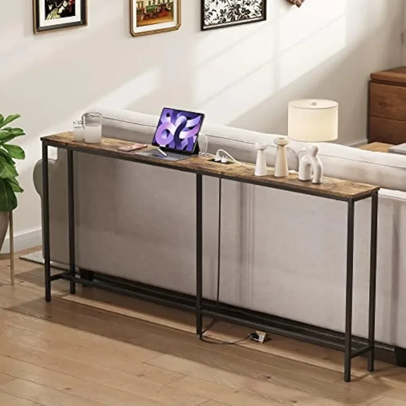 

70.9" Narrow Long Console Sofa Table with 2 Power Outlets & USB Ports for Living Room, Industrial Entryway Table for