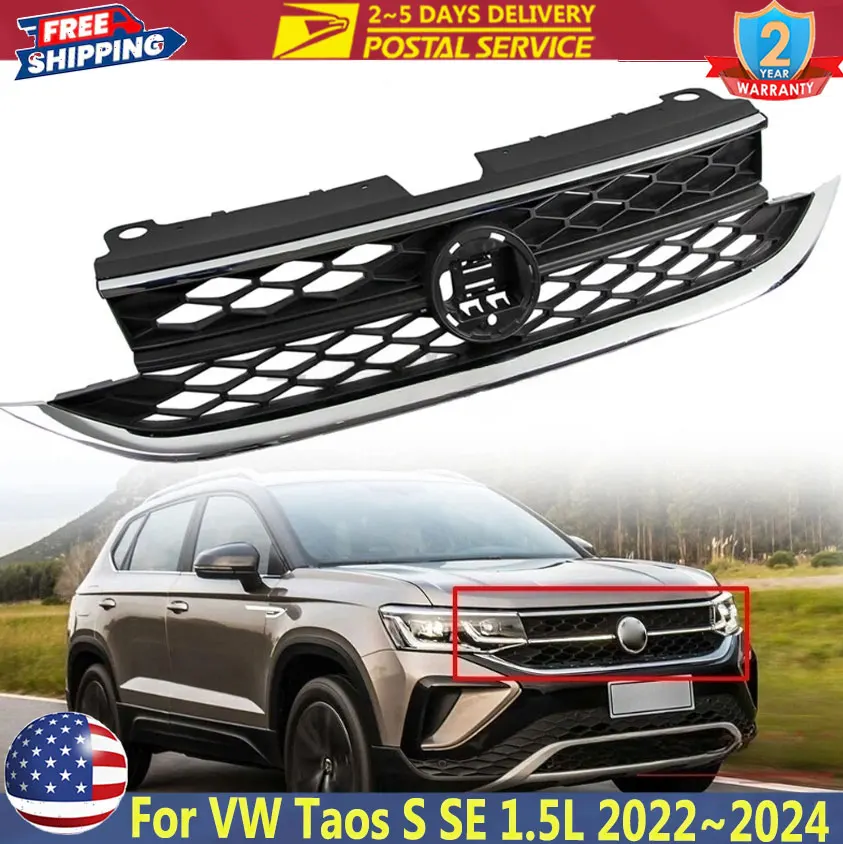 

Car Front Upper Grille For Volkswagen Taos S SE 1.5L 2022~2024 With Camera Hole Chrome Front Bumper Honeycomb Grill upper Grille