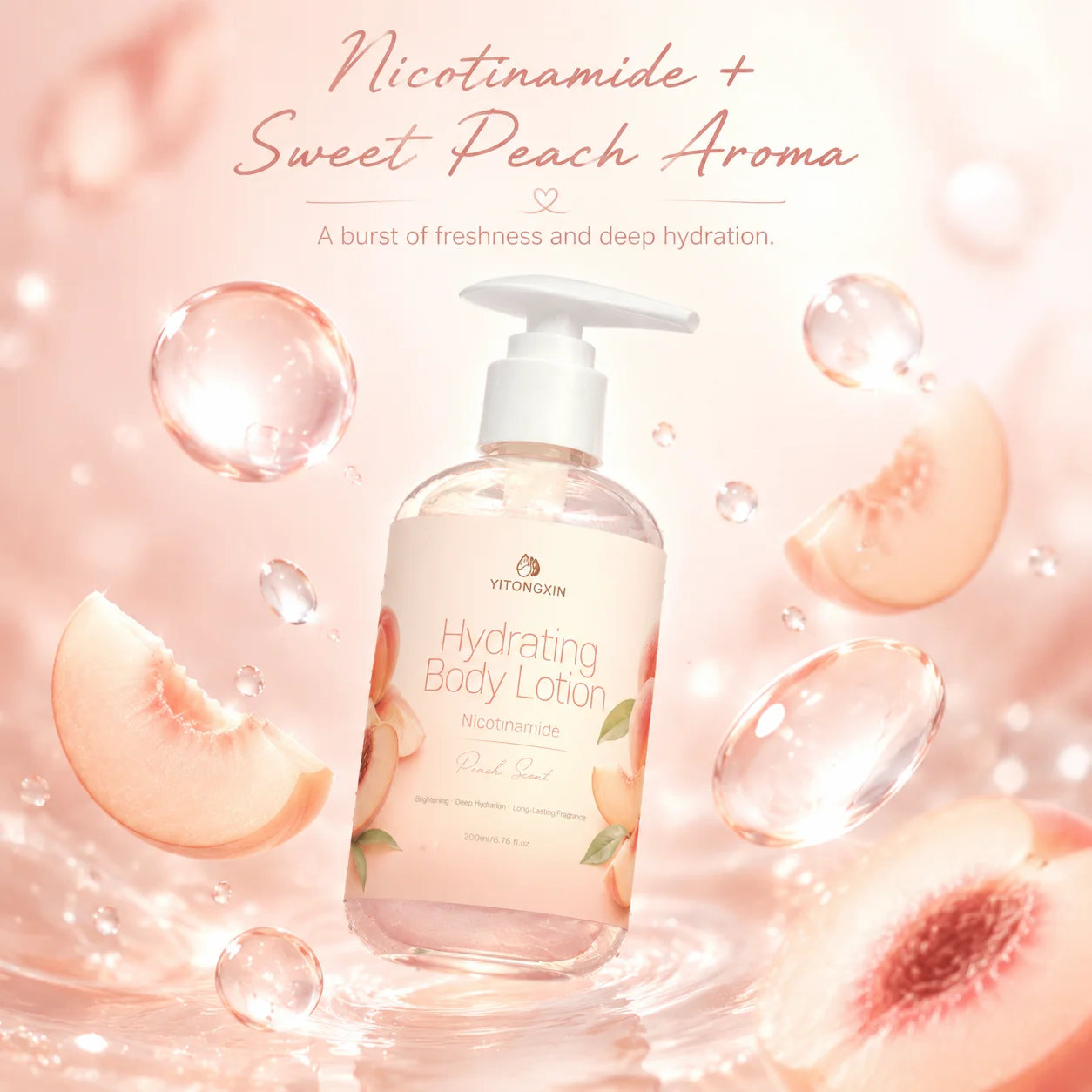 Peach Scent Body Lotion with Nicotinamide, Deep Hydrating Moisturizer, Softens Calluses & Dry Skin, Non-Sticky, Lightweight.