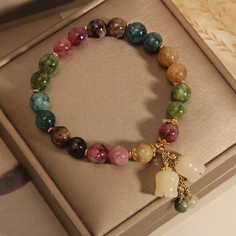 Natural Stone Colored Fashion Handmade Beaded Small Bell Orchid Pendant Elastic Bracelet for Women Girls  Bracelet Jewelry Gifts