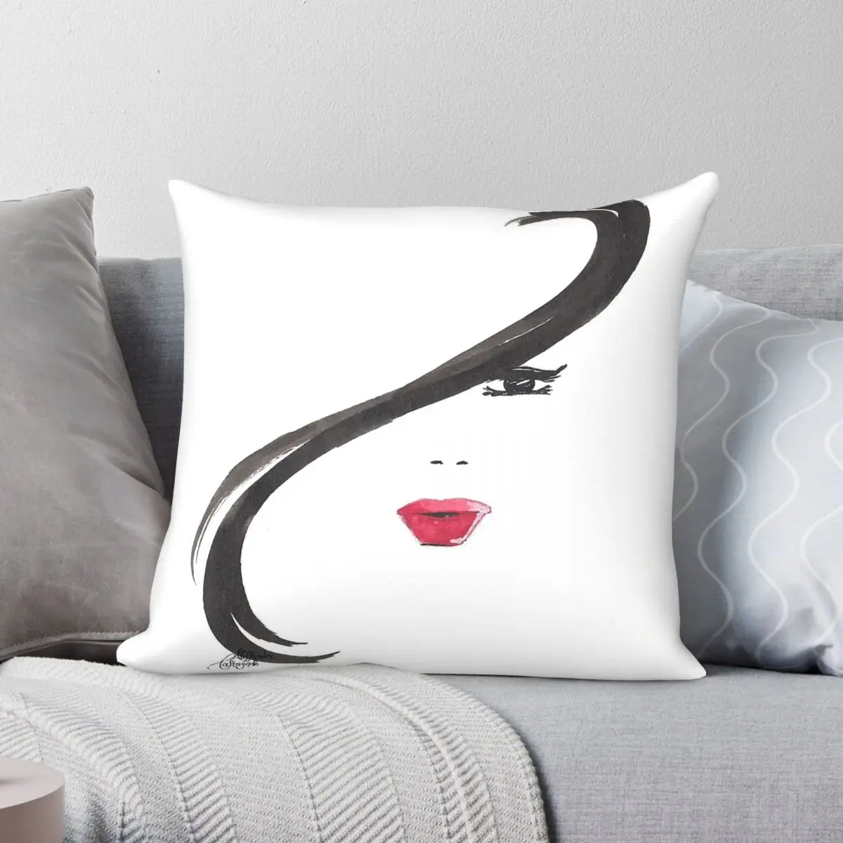 Woman Face Portrait Ink Strokes Square Pillowcase Polyester Linen Velvet Printed Zip Decorative Car Cushion Case 18