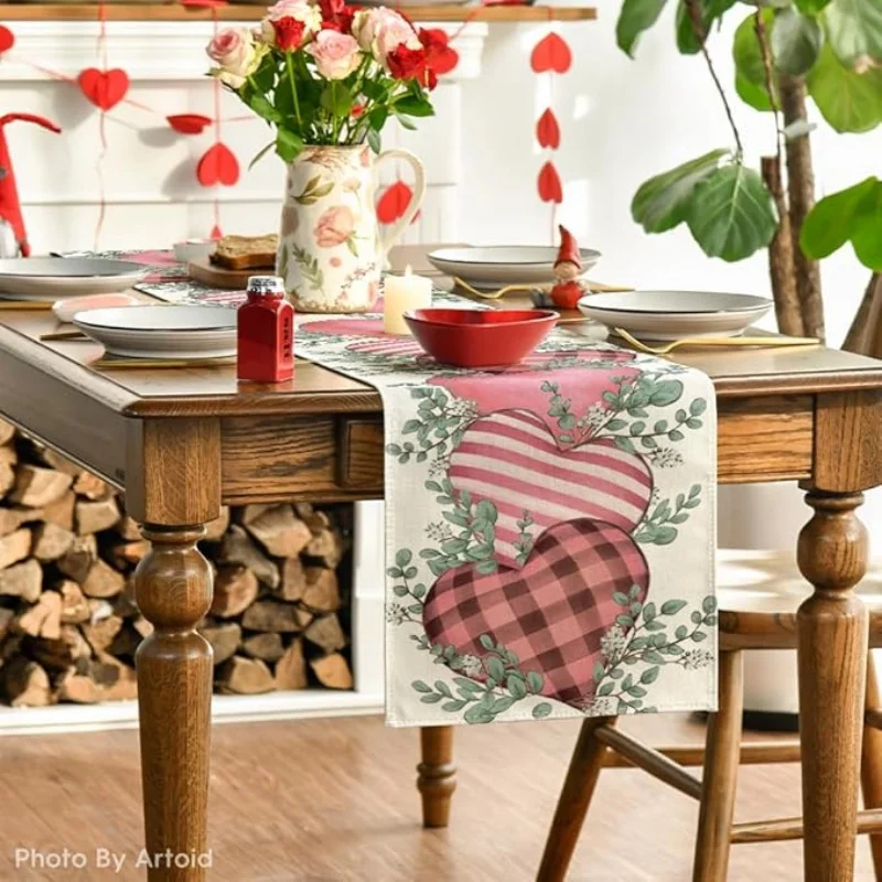 Valentine's Day Table Runner | Pink Eucalyptus Red Checkered Heart Anniversary Party Decor