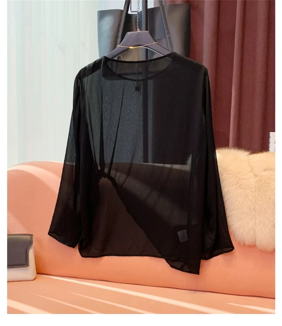 Camisa de chifón transparente de manga larga para mujer, blusas transparentes, ropa de mujer, camiseta de chifón de talla grande