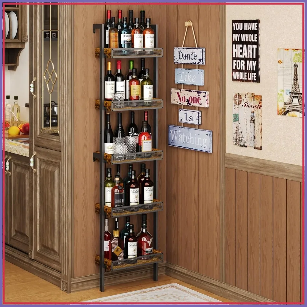 

50 Bottle Freestanding Wine Rack, Wall Mounted with Fences, Wooden Liquor Storage for Kitchen Dining Bar, 17.28x7.95x68.5 Inches